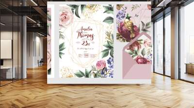 Wedding invitation, save the date or flyer\card for any event and party. Original floral greeting with flowers, plants, leaves and a bird of paradise of happiness Wall mural